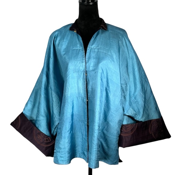 Purple Kimono Jacket Chinese Asian Button-Up Robe Tang Jacket Blue Reversible - Picture 3 of 15